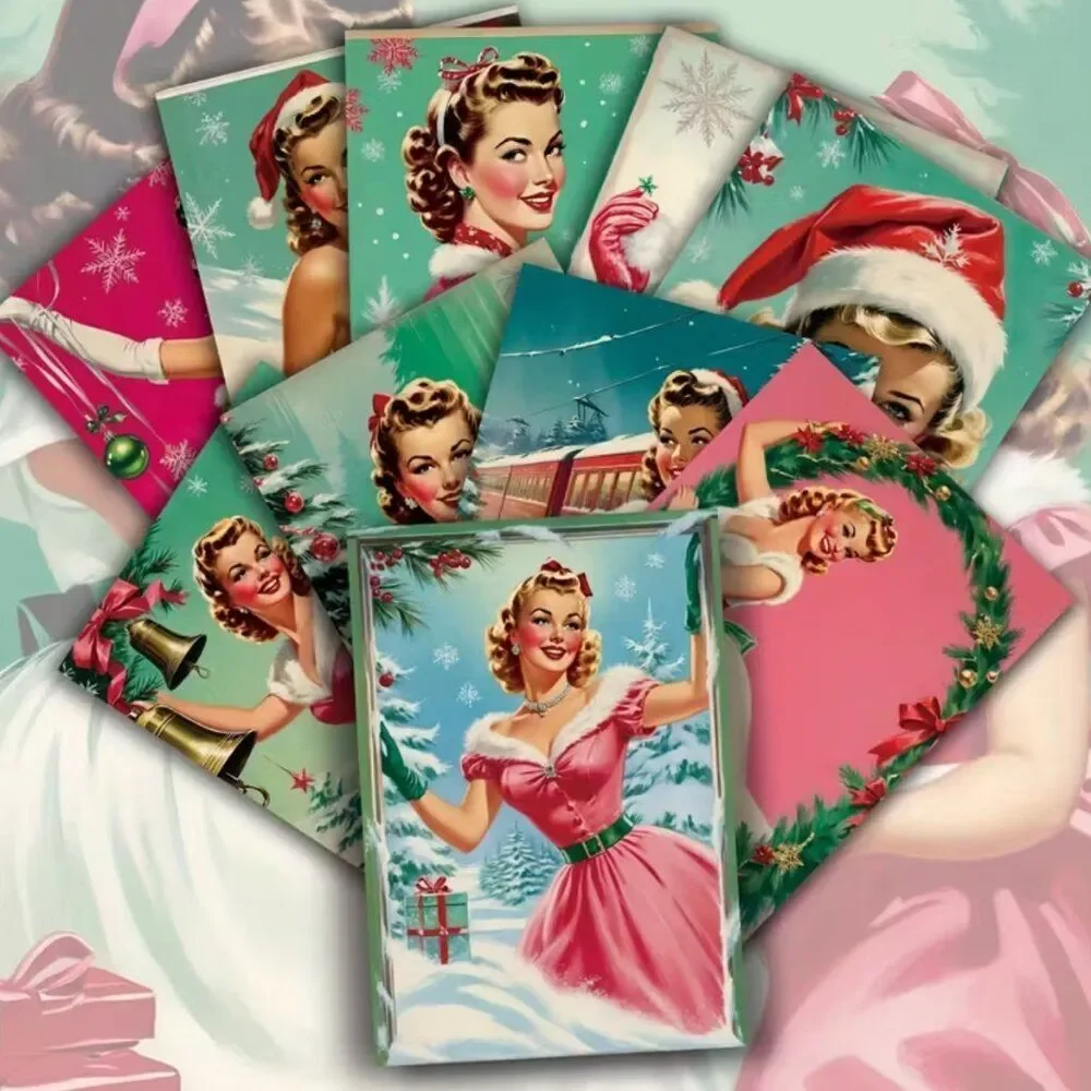 NWT 20pc Retro 1950s Christmas Postcards Pinup Girl Vintage Holiday Craft Pack